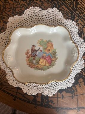 Vintage Limoges France Porcelain Dresser Tray Fragonard Couple Gold Trim